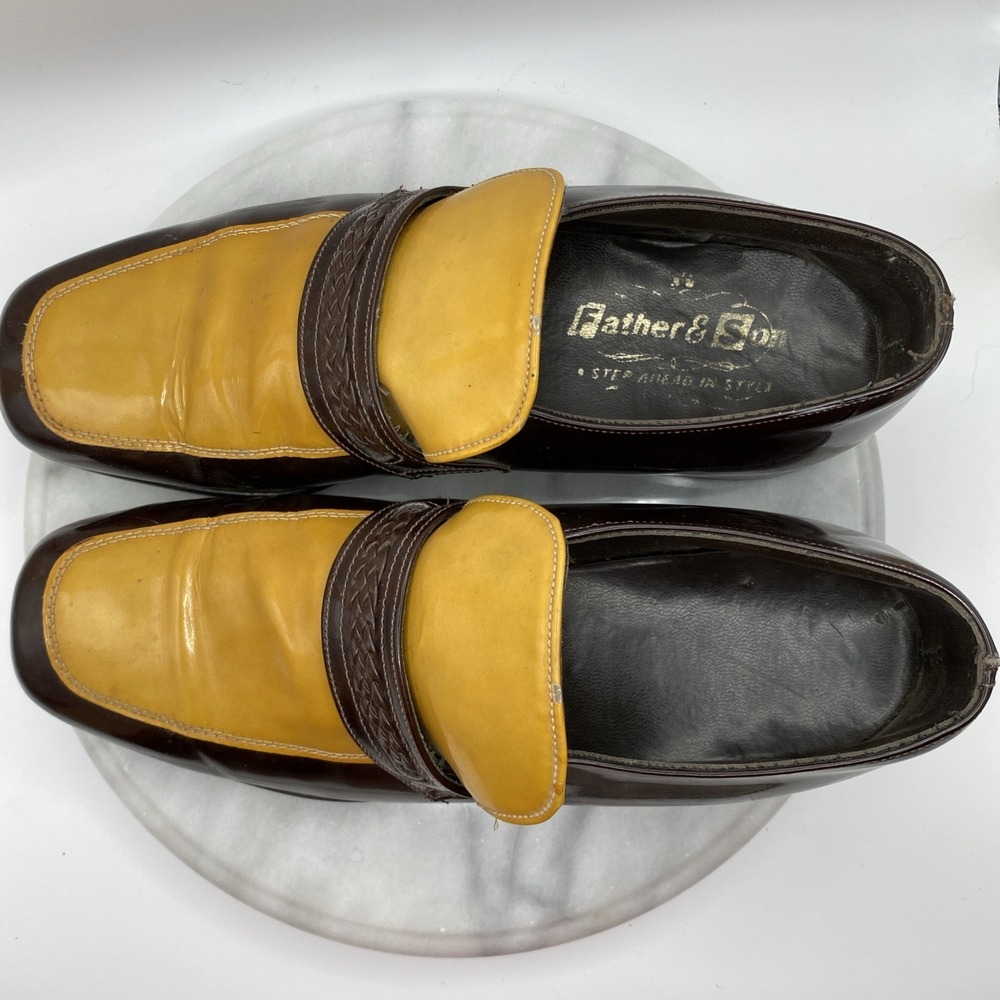 Father and Son Loafers Men's 19.5D Patent Leather Brown / Yellow Dress Shoes - Picture 10 of 16